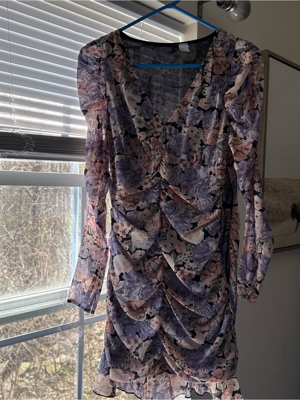 H&M Lavender and Blush Floral Ruched V-Neck Long Sleeve Dress